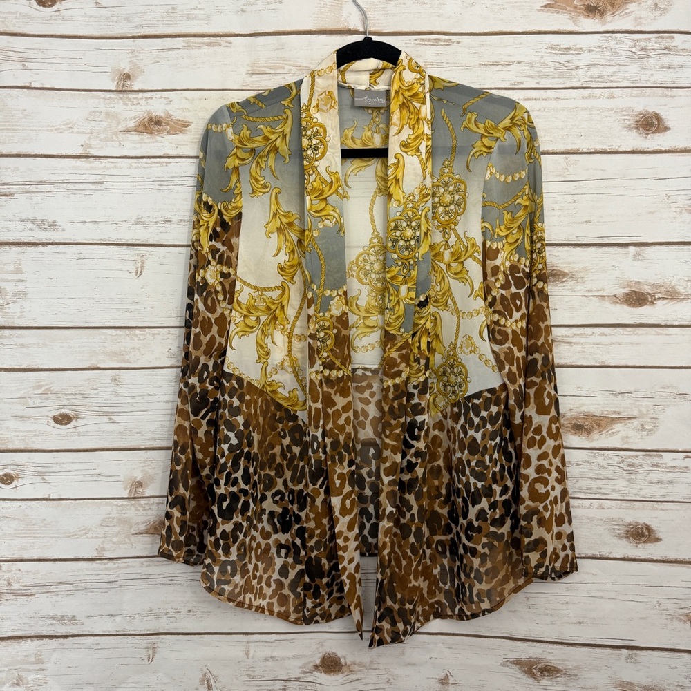 Chicos Travelers Animal Print Baroque Open Front Long Sleeve Kimono Blouse 1